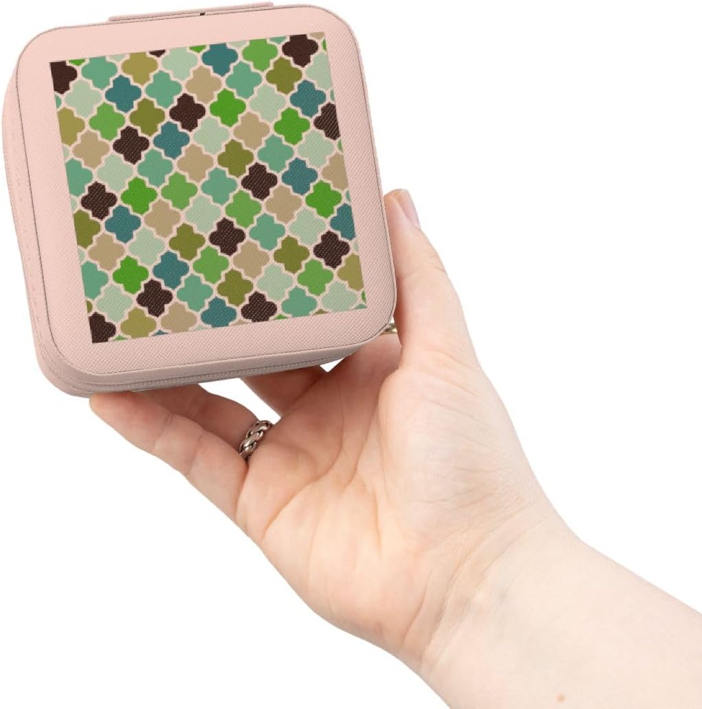 3dRose Blue Green Colorful quatrefoil pattern - Moroccan tiles turquoise teal aqua mint multicolor clovers Jewelry Travel Case Pink