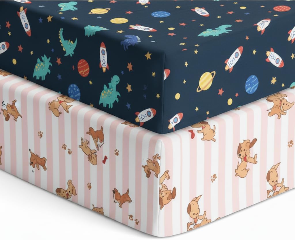 Rajlinen Crib Fitted Sheet Pack of 2, Microfiber Baby Sheets for Standard Crib and Toddler Mattress, Soft Breathable, Planet Spaceship & Puppy Love Print, 52x28x8 Inches