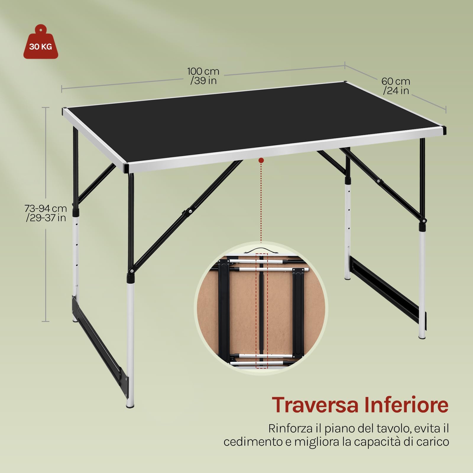 WOLTU Tavolo da Campeggio Picnic Giardino Pieghevole Portatile Altezza Regolabile in MDF Nero 100x60x73/94cm