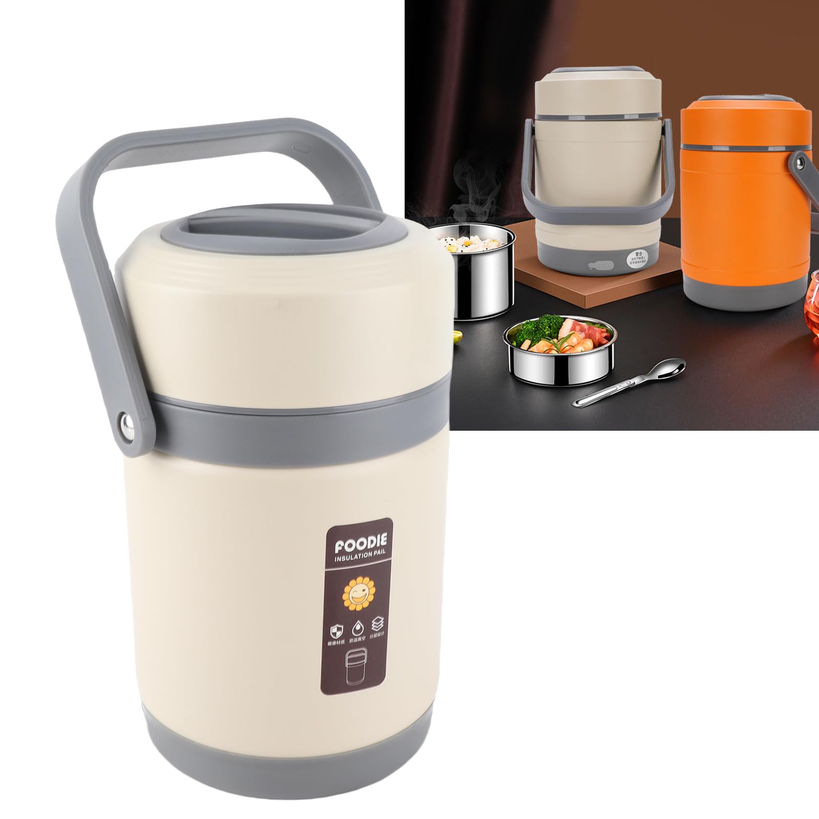 Pssopp Fiambrera Térmica de Acero Inoxidable Contenedor de Almuerzo con Aislamiento de Temperatura Constante para Sopa Caliente Preparación de Comidas de Gachas con Capacidad de 2 (Beige)