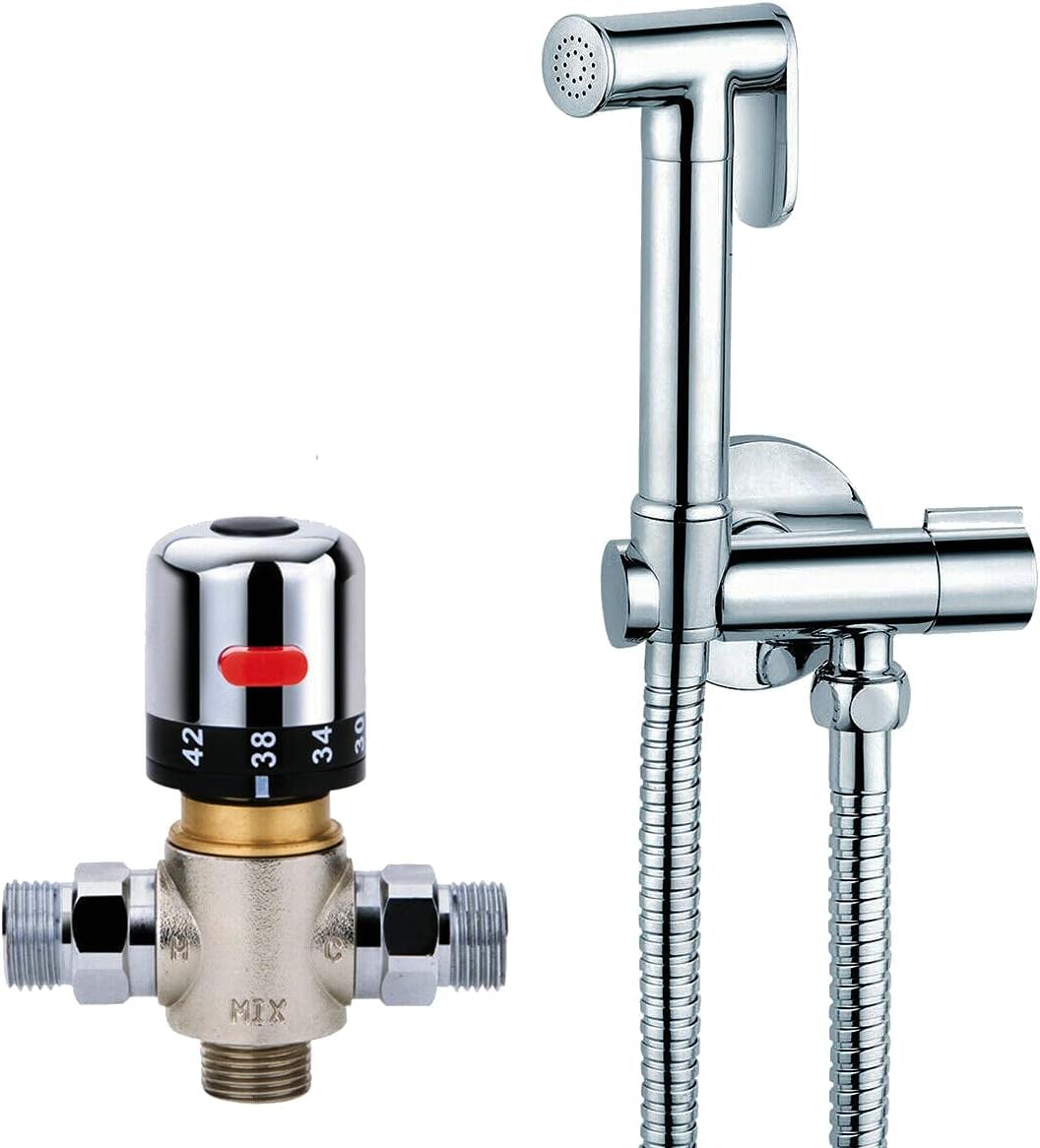 Thermostatic Mixer Bidets Sprayer Kit Toilet Valve Water Spray Bidet Attachment with Hose Handheld Bathroom Shattaf Sprayer Bath Douche Muslim Bidet Shower Head Brass Bathroom Wall Mounted Chrome Set