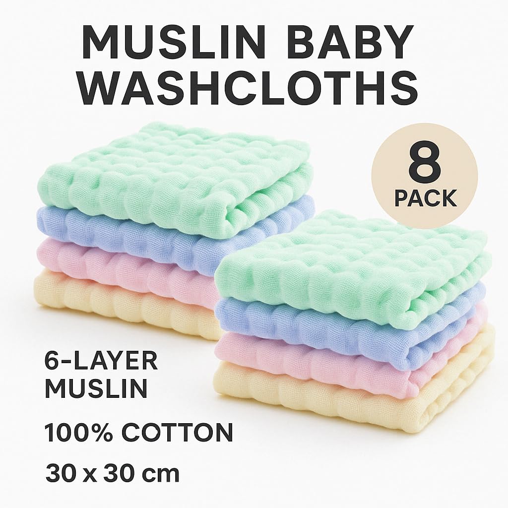Paquete de 8 paños de muselina para bebé, 6 capas, 100% algodón, 30 x 30 cm, reutilizables, ultrasuaves, absorbentes y reutilizables para recién nacidos y niños pequeños, paño para eructos