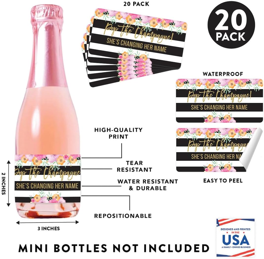 Andaz Press Wedding Mini Wine Labels for Bottles Pop The Champagne! She's Changing Her Name, Black White Stripes Florals 20-Pack Mini Champagne Bottles Mini Wine Bottle Labels for Champagne Bottle