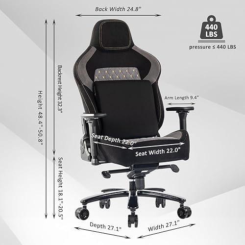 Miniatura 3 de Silla de juegos grande y alta de 440 libras con base de metal, espuma viscoelástica, lumbar 4D, reposabrazos ajustable, silla de computadora para