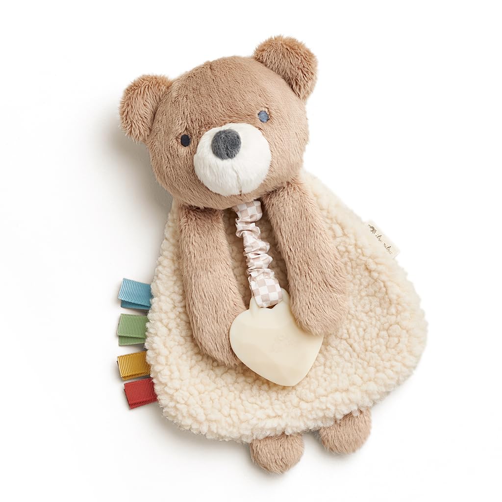 Itzy Ritzy - Itzy Lovey Including Teether - Baby Lovey with Teether, Textured Ribbons & Dangle Arms - Features Crinkle Sound, Sherpa Fabric and Minky Plush (Bear)