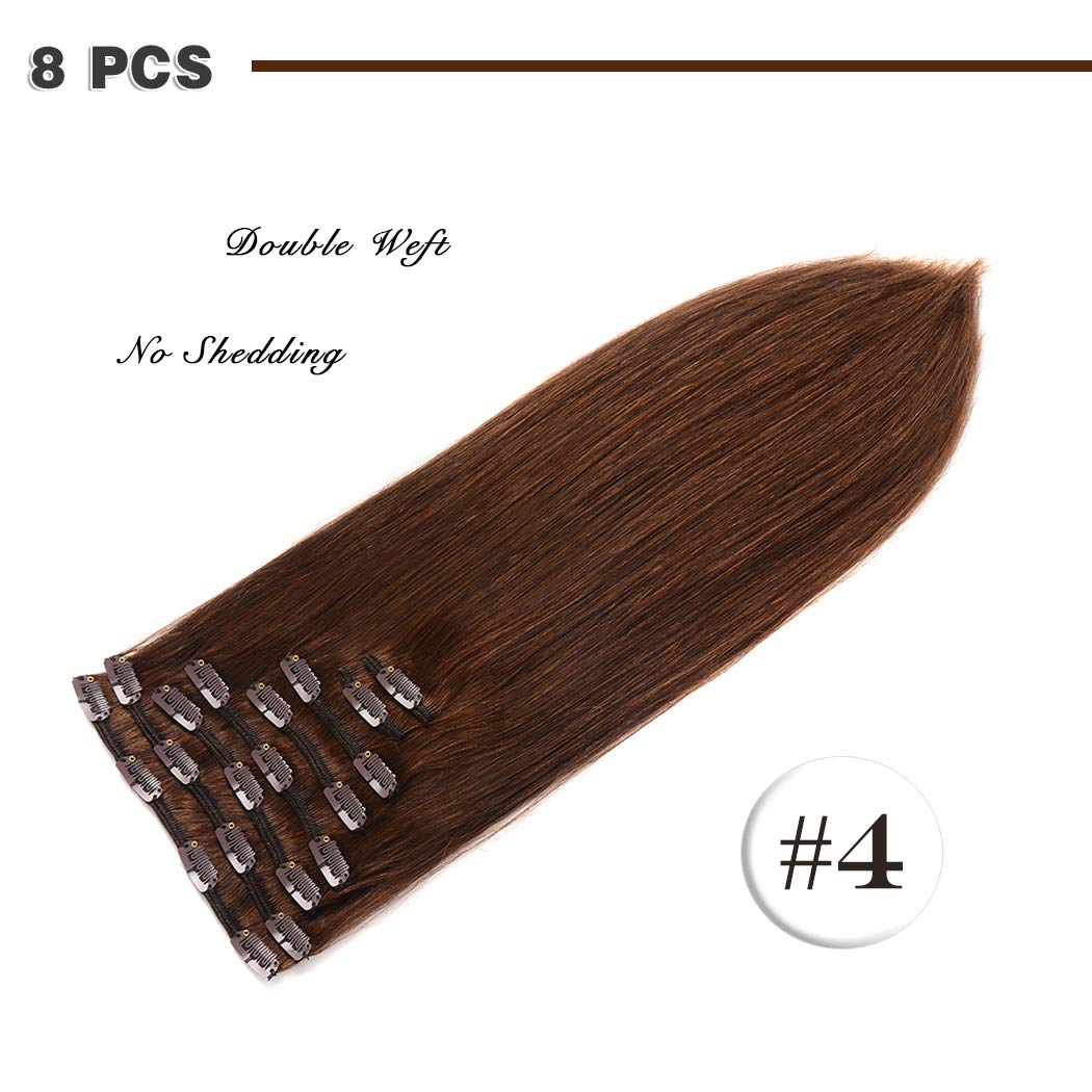 20" Remy Clip in Hair Extensions Human Hair Brown for Women Beauty - Long Silky Straight 8pcs 20clips Real Hair Extensions Clip In Human Hair (20 inch 100g #4 Medium Brown)