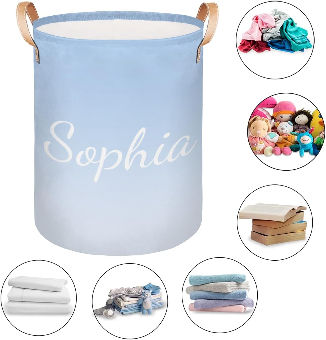 Custom Laundry Basket with Name, Personalized Baby Gradient Storage Hamper for Bedroom Bathroom, Round Storage Basket with Handle for Men Women Blue White
