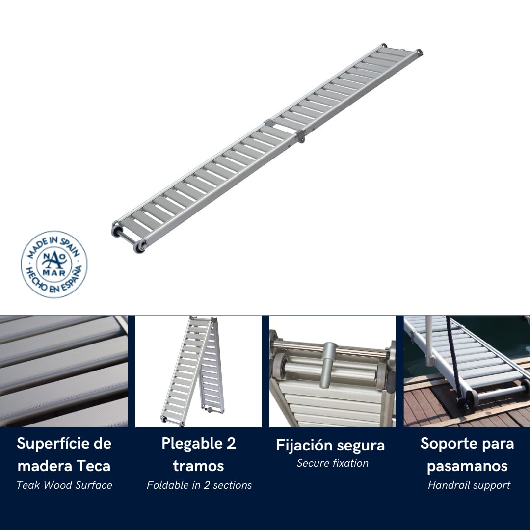 Pasarela de Aluminio para Barco Plegable en Dos tramos, 2 Metros de Longitud, con Ruedas.