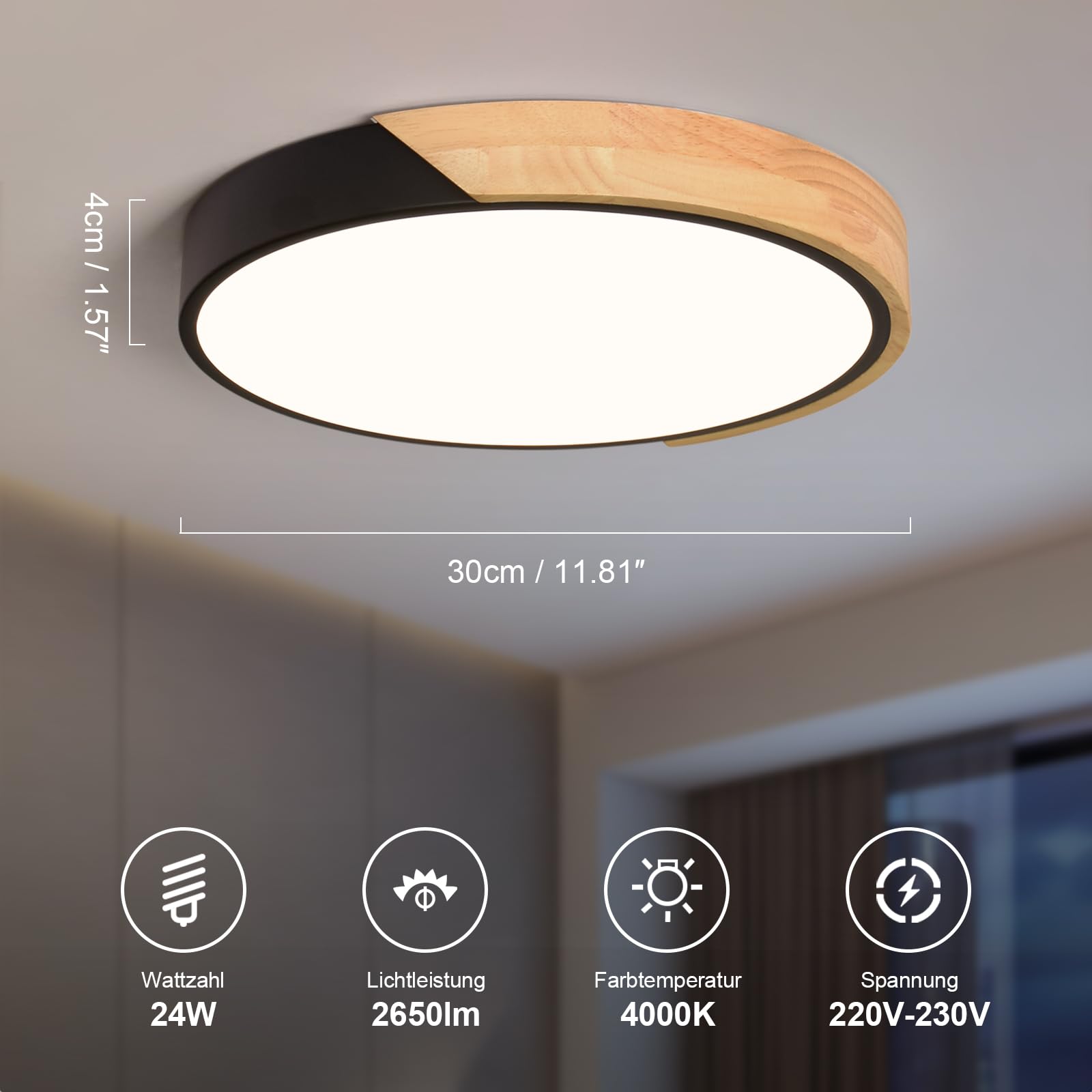 Plafoniera LED Soffitto 30 Cm In Legno E Metallo Nero - 24W, 4000K (Bianco Neutro), CRI >90