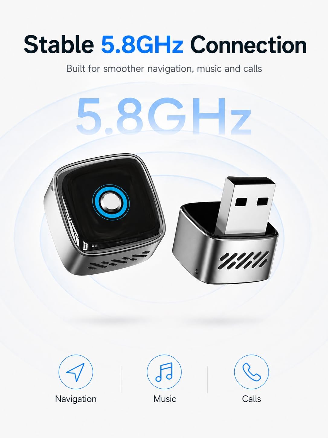 Wireless CarPlay Adapter & Wireless Android Auto Adapter, 2-in-1 Mini Dongle with Multi-Device Switch, 5.8GHz Auto Reconnect, Plug & Play for Factory Wired Cars 2016+ - Silver