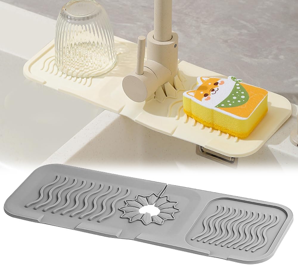 2 PACK Faucet Mat for Kitchen Sink, Sink Protectors for Kitchen Sink,24 Inch Longer Silicone Splash Guard with Fast Self-Draining, Foldable, Keeps Countertops Dry (Grey+Cream)