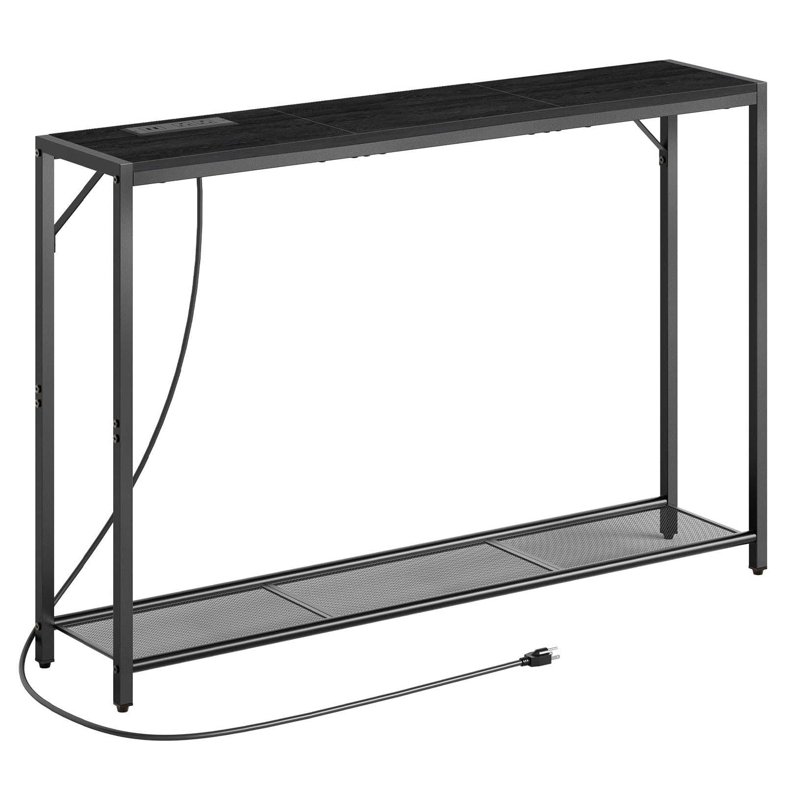 Sofa Table with Power Outlet, 43.7" Console Table with USB Ports, Behind Couch Table, Entryway Table for Living Room, Entryway, Foyer, Metal Frame, Adjustable Feet, Black CTHB11E01