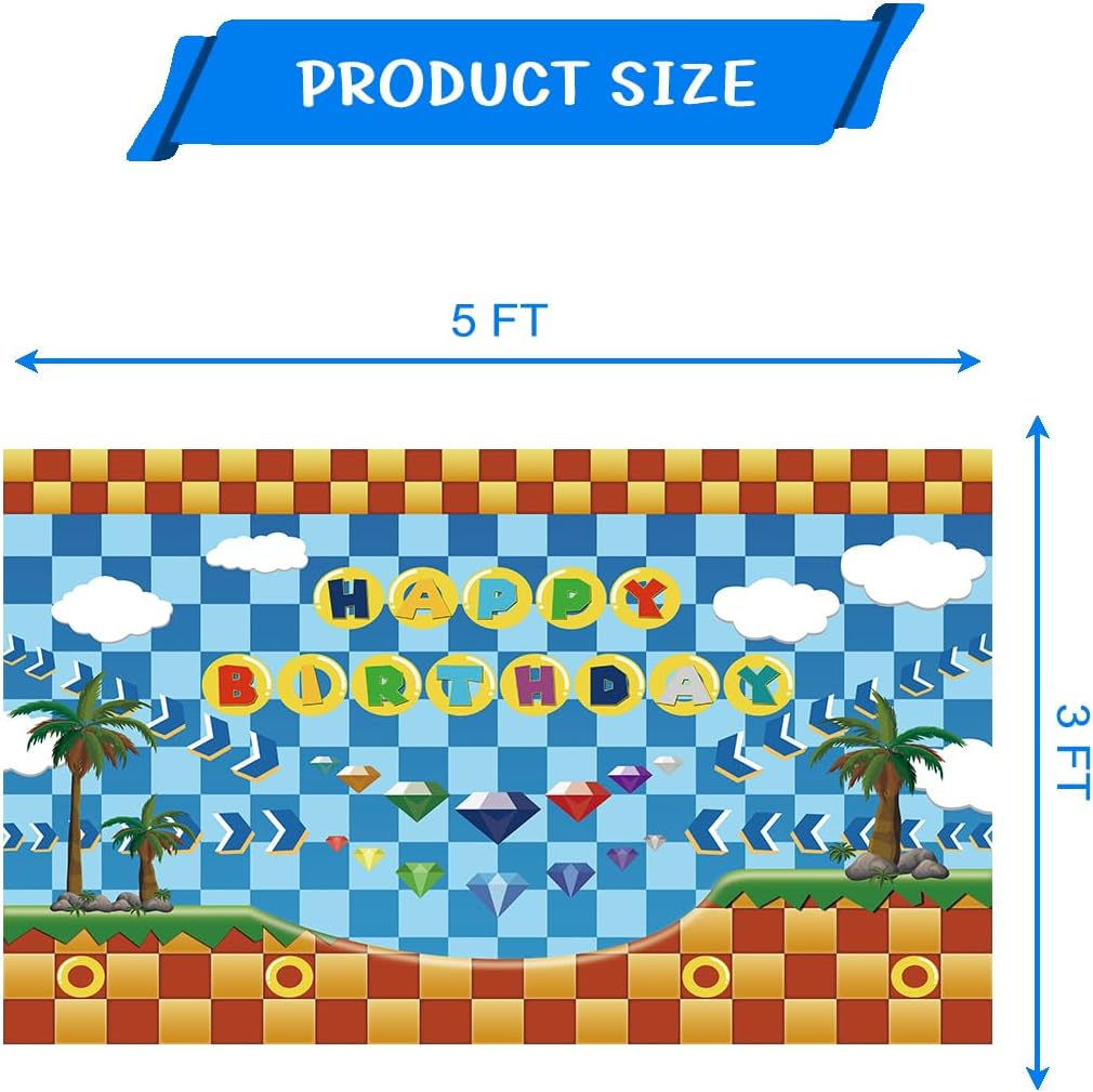 5X3FT Blue Hedgehog Party Backdrop,Blue Hedgehog Theme Birthday Backdrop Decorations - Image 2