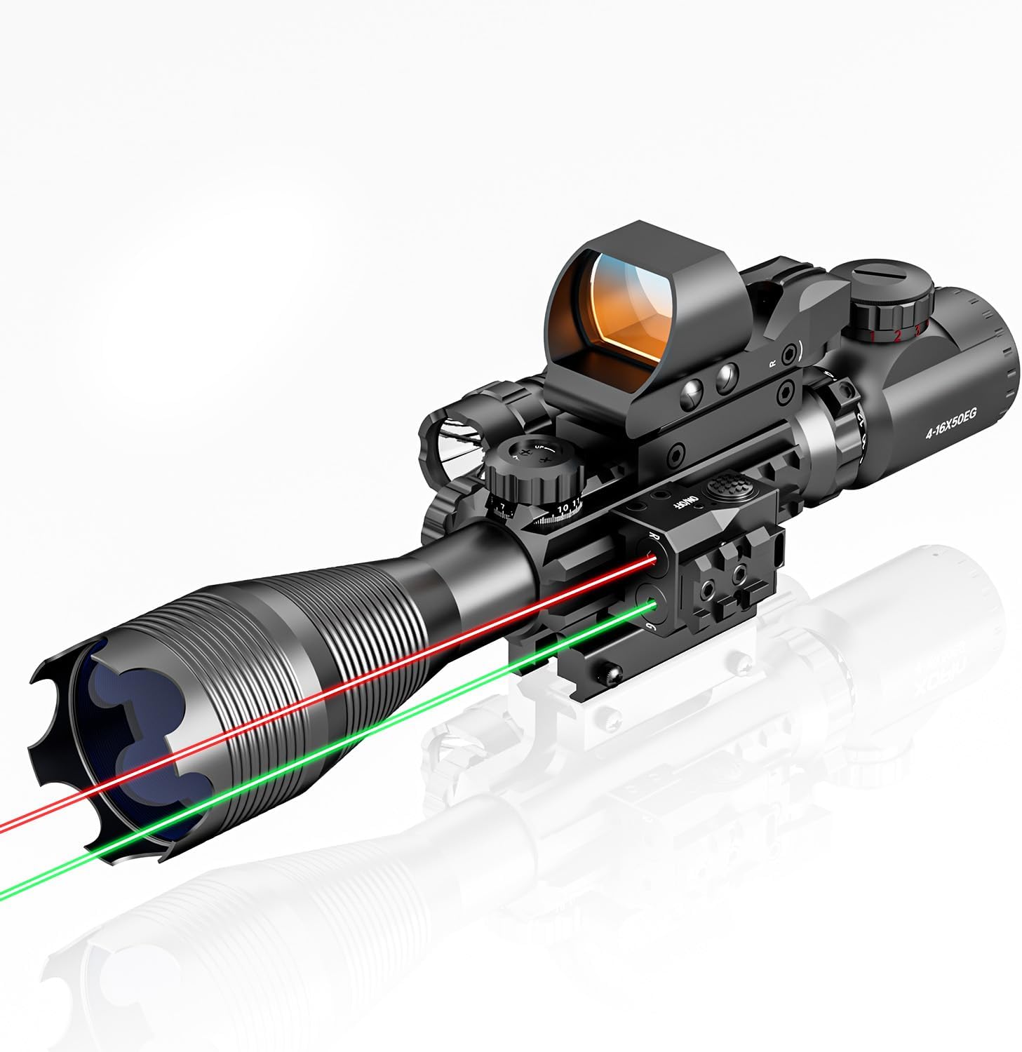 4-12/16x50EG Hunting Rifle Scope Tactical Red/Green Dual Illuminated Range Finder with Green/Red Laser 4 Models Holographic Reticle Reflex Red Dot Sight and 5 Brightness Modes Flashlight