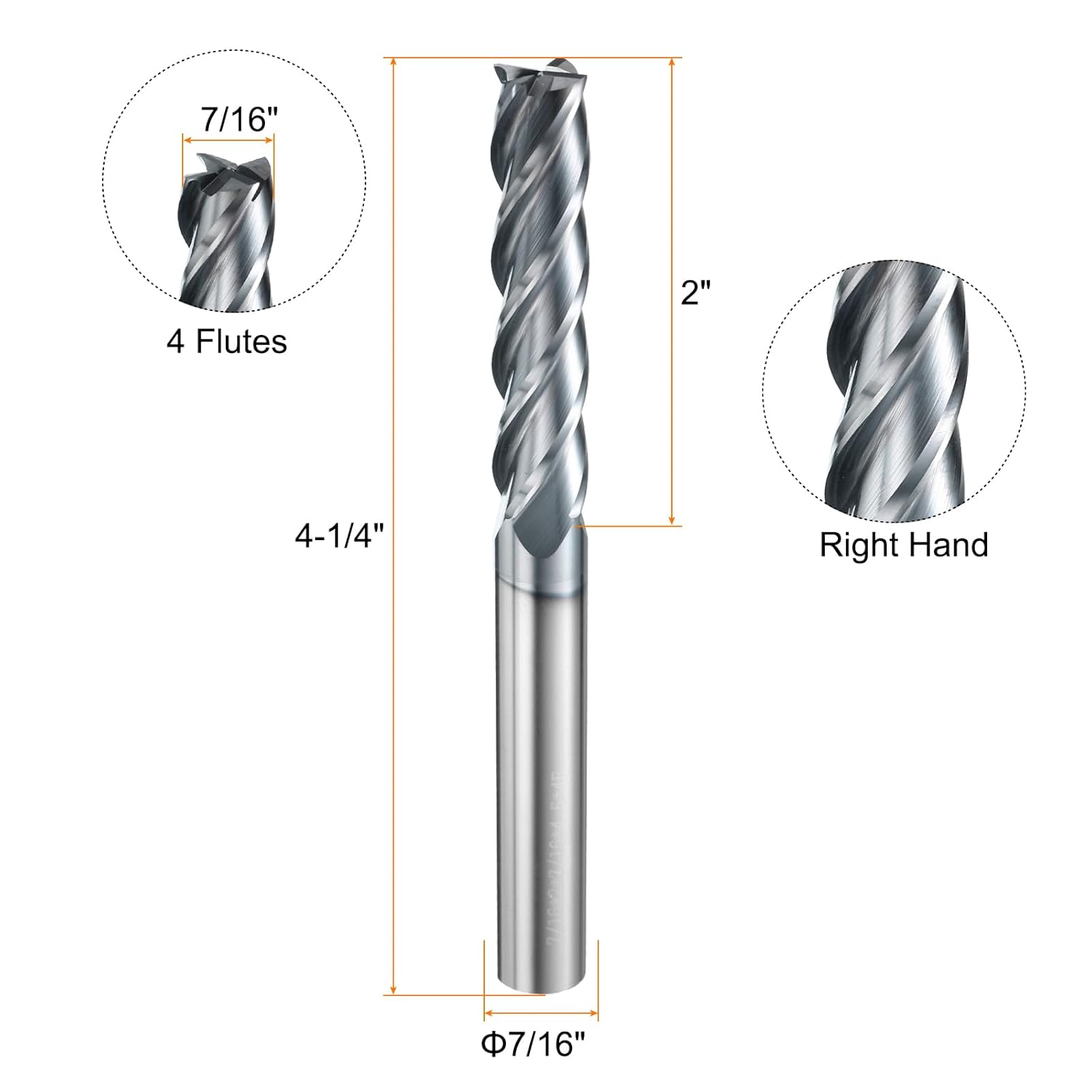 HARFINGTON Carbide Square Nose End Mill Bit 7/16" Cut Dia 4 Flutes TiAlN Coated Milling Cutter for Hardened Steel Metal (7/16" Shank 2" Cut Length 4-1/4" Long 30 Degree Helix HRC53-55)