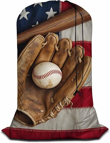 Swono Bolsa de lavandería grande con bandera estadounidense, lavable, ropa sucia, guante de béisbol vintage, bolsa organizadora con cordón, cesta