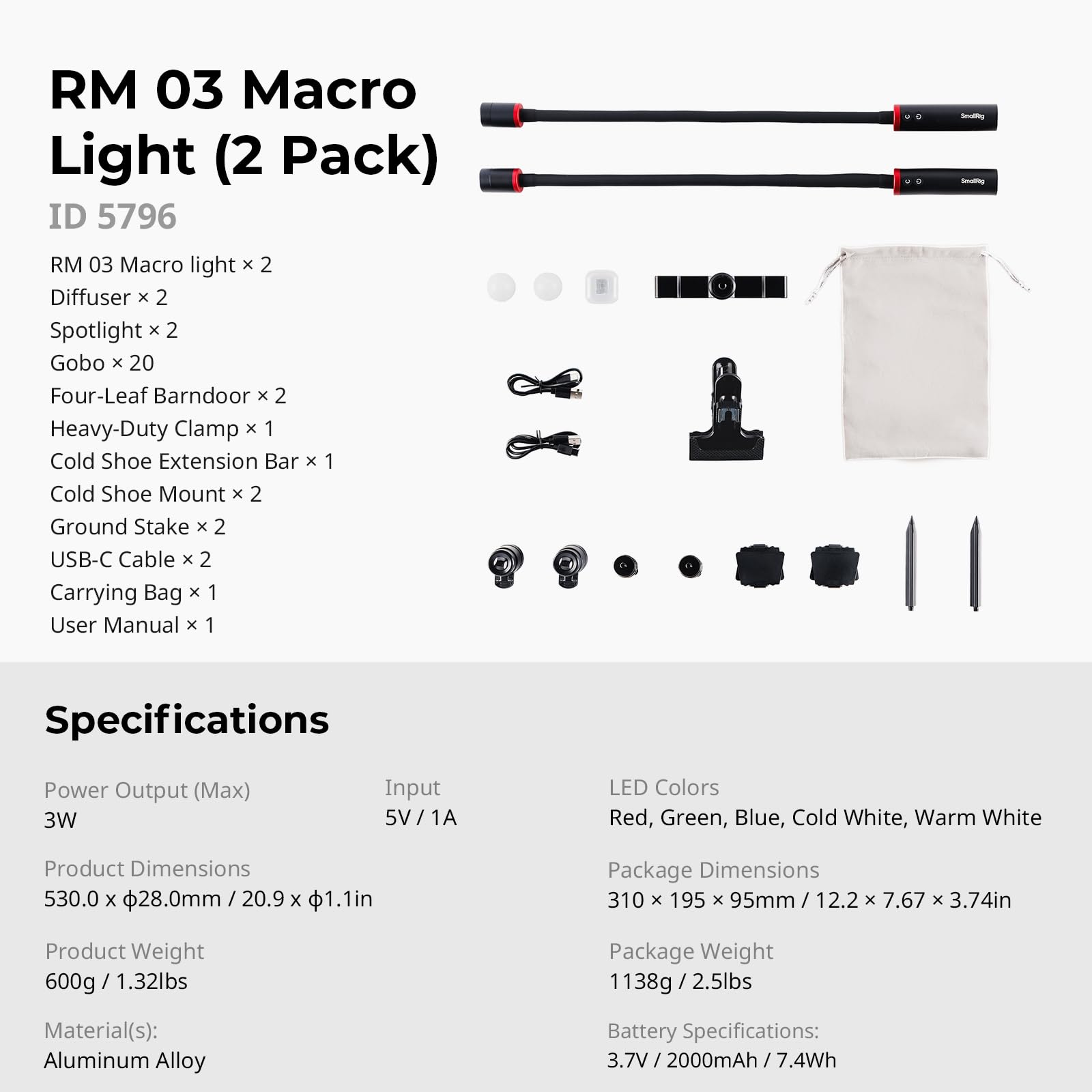 SMALLRIG RM 03 Lampe LED pour Macrophotographie - Lot de 2, Angle de Faisceau Réglable, 5 Couleurs CRI95, Lampe Flexible avec Griffe Porte-Accessoires, Pince, Diffuseur, Projecteur, Volets - 5796