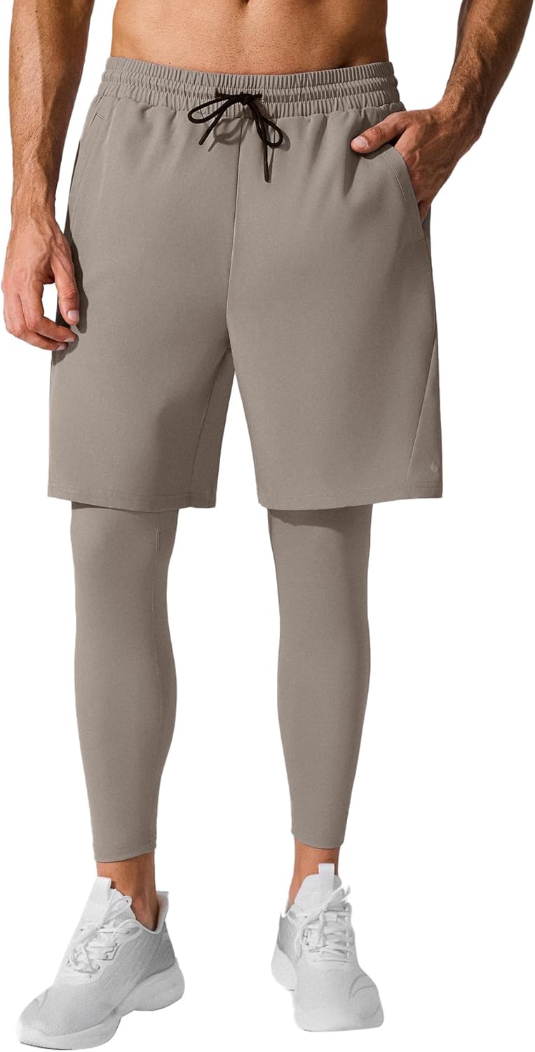 BRXL Men's 2 in 1 Compression Running Pants with Pockets, Quick Dry Leggings Base Layer Workout Athletic Gym Basketball