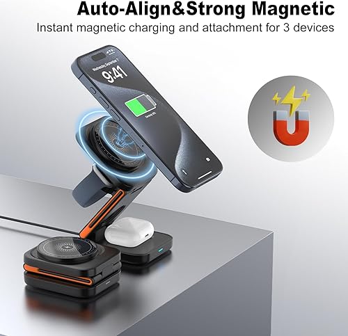 Miniatura 4 de Upgrated - Estación de carga inalámbrica 3 en 1, plegable, cargador inalámbrico rápido, soporte de carga magnética para iPhone 16 15 14 13 12 Pro
