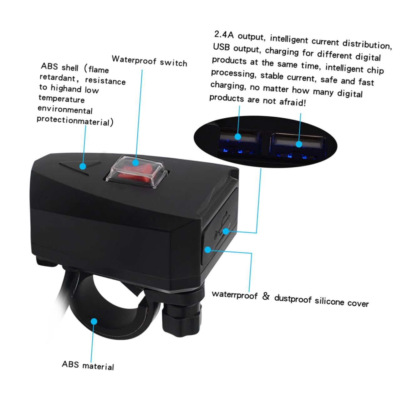 ERINGOGO 2pcs Motorcycle Mobile Phone Charger Waterproof Dual Usb Car Charger 12v-80v Handlebar Mount Safe Durable Power Adapter