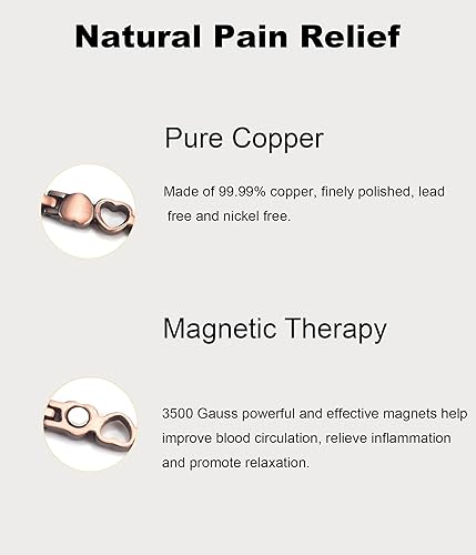Vista 3 de Tobillera de cobre para mujer, para artritis, 99.99% de cobre puro, diseño de corazón encantador con herramienta de ajuste Oro rosa,Forma de cola