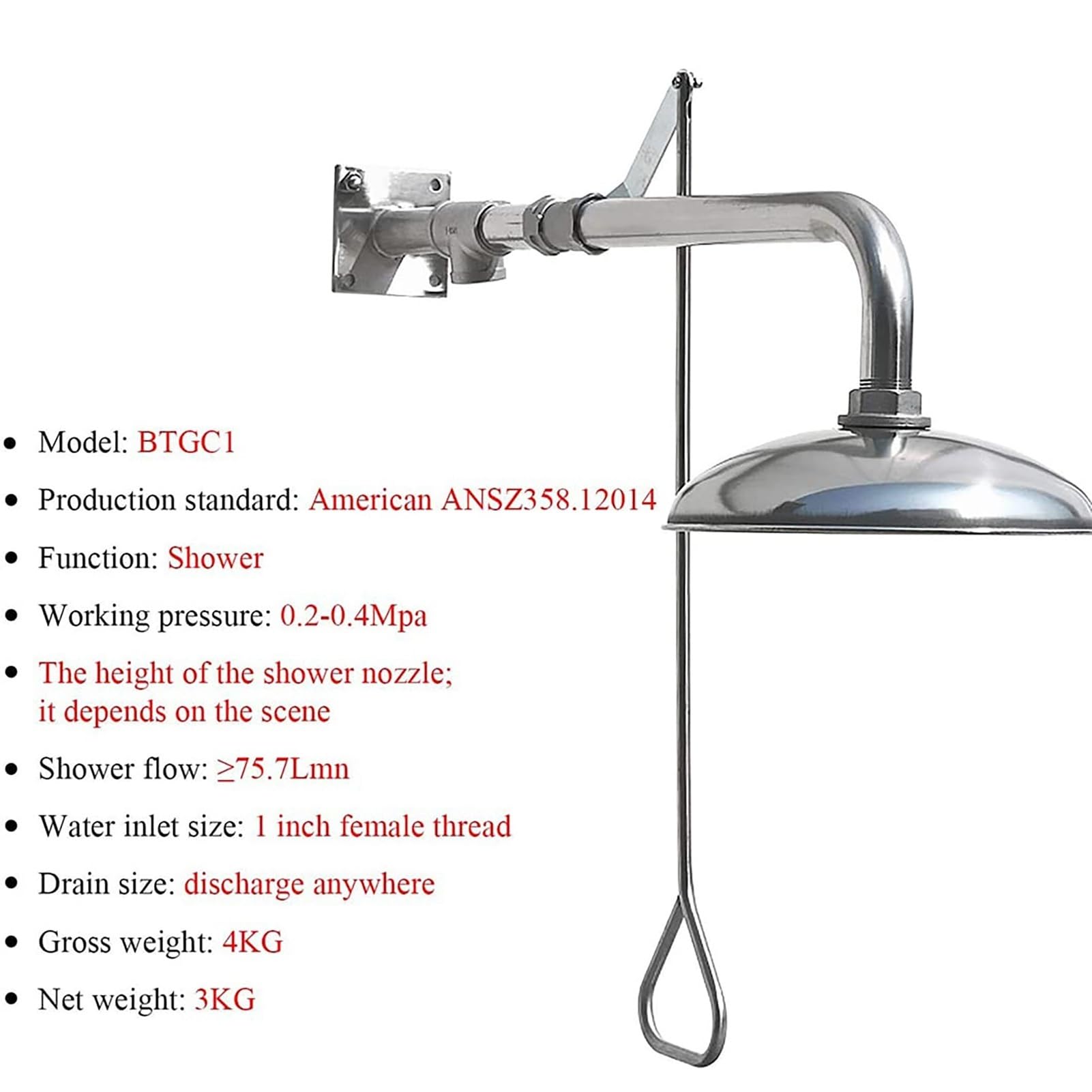 Ducha de emergencia montada en la pared con cabezal de acero inoxidable - Estación de riego horizontal compatible con lavaojos para fábrica de laboratorio