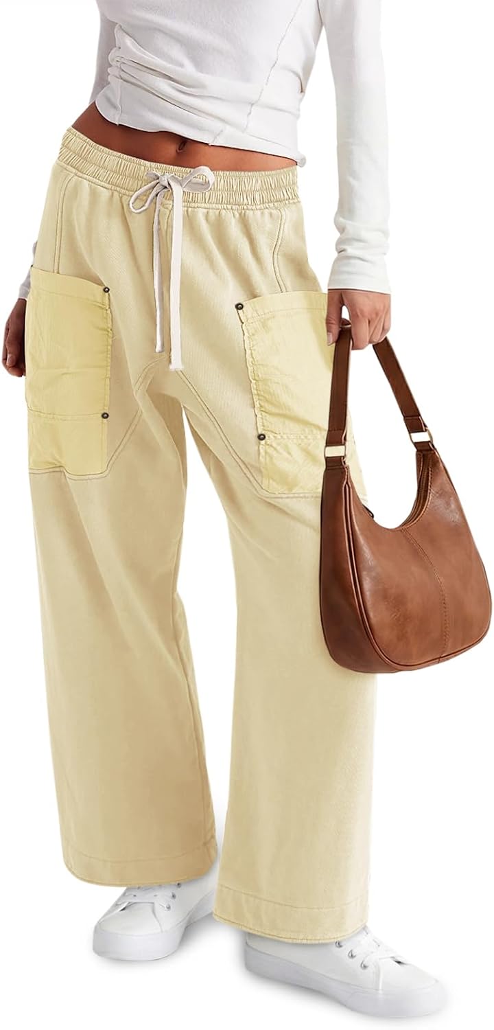 Aoysky Womens Wide Leg Pants Drawstring Barrel Sweatpants Elastic Waist Hiking Workout Cargo Pants Loose Fit