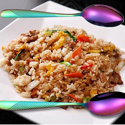 Miniatura 3 de Juego de cubiertos martillados de acero inoxidable arcoíris para 4 personas, incluye tenedores, cucharas y cuchillos, utensilios modernos para