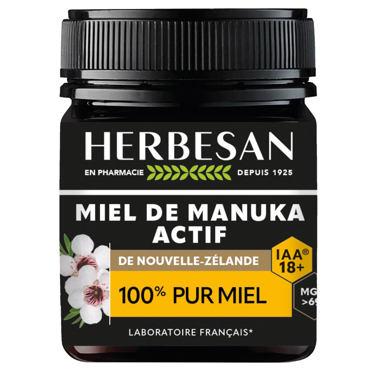 HERBESAN®- MIEL DE MANUKA ACTIF - IAA18+ (MGO696+)- Origine Nouvelle-Zélande garantie - 100% miel de manuka - Pot de 250G