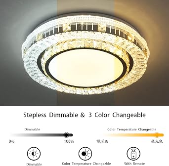 Crystal Flush Mount LED Ceiling Light,45W 18.9Inches, Warm White/Day Light/ Cool White Adjustable Ceiling Lamp with Remote Control,Dimmable Round Lighting Suitable for Bedroom, Living Room, Office