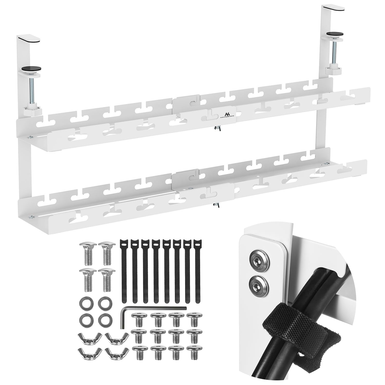 Maclean Adjustable Under-Desk Cable Holder Organizer | Clamp Mount | Cable Management for Home Office Gaming | Load capacity up to 5 kg (White, White, 2 levels/length: 433–728 mm)