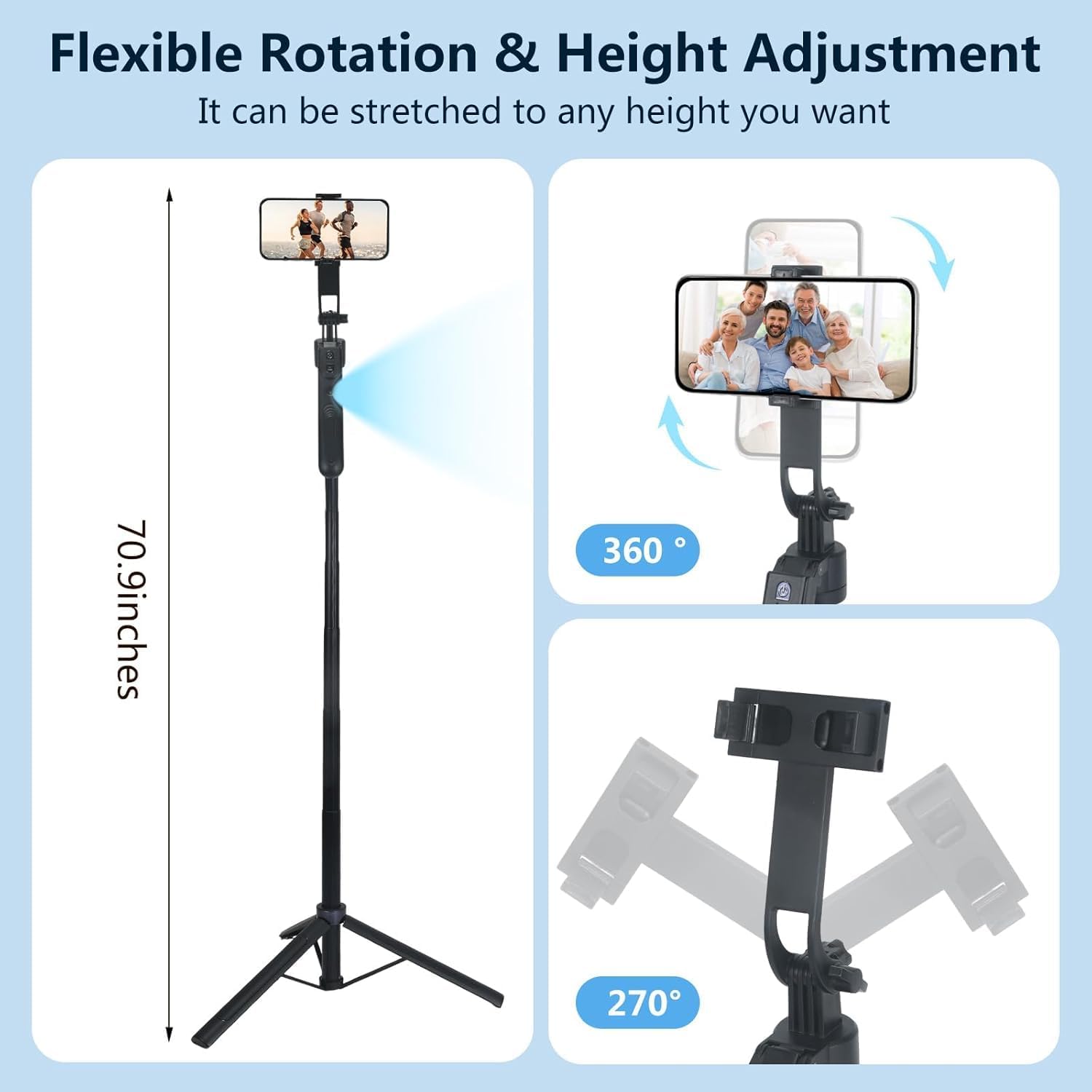 Auto Face Tracking Tripod for iPhone & Android, 360° Rotating Phone Tripod with 2 LED Fill Lights, Extendable 70″ Selfie Stick for Video Recording, Live Streaming, Ideal for Content Creators