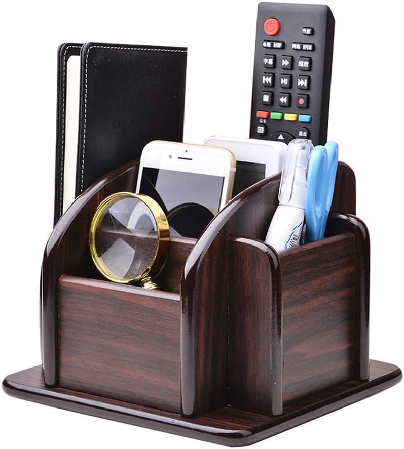 YCOCO Wooden Remote Control Holder,TV Remote Holder for Table,360°Rotatable Office Supplies Storage Organizer,6 Compartments Pencil Holder for Desk,Brown