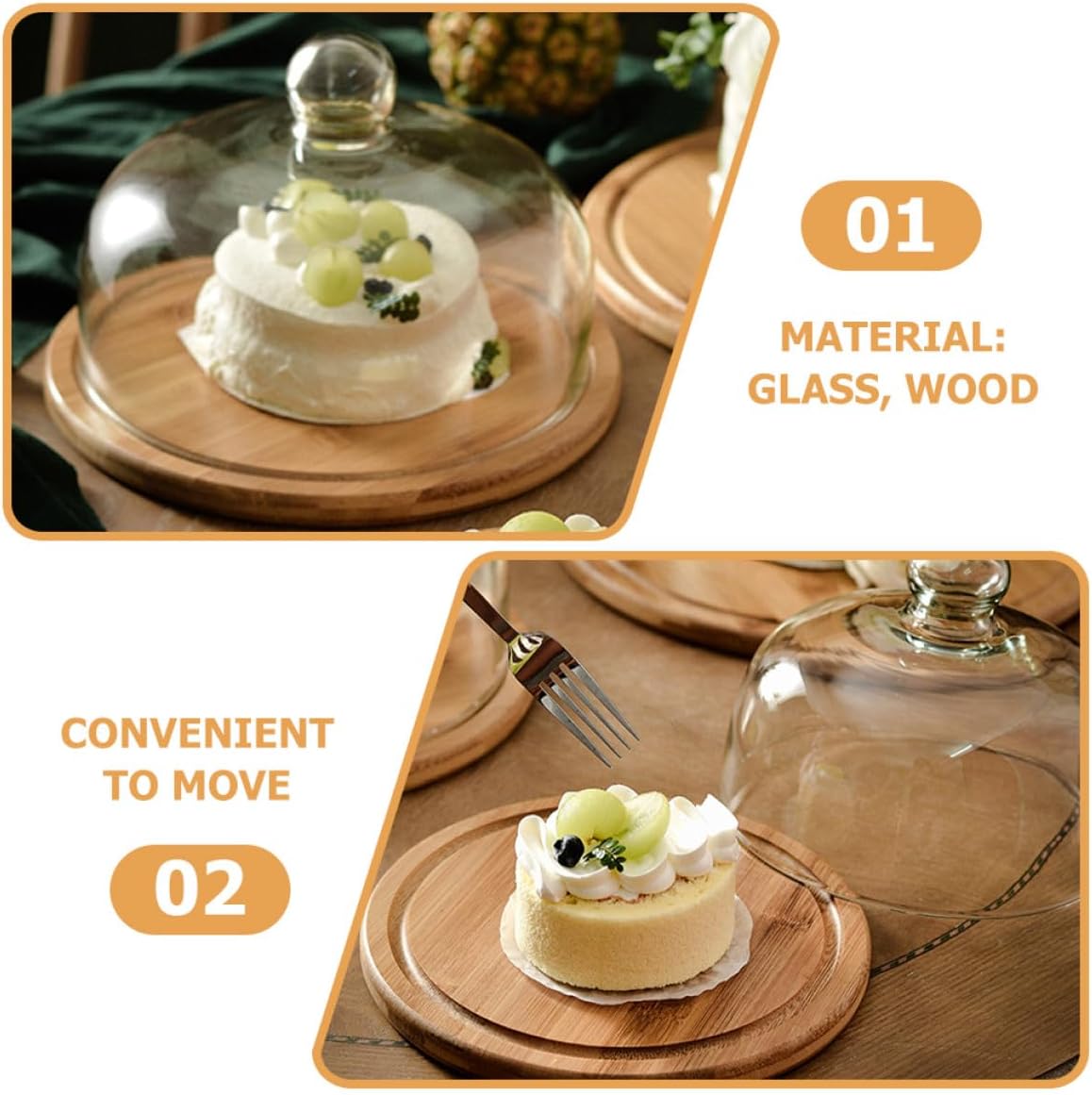 Glass Cake Dome and Wooden Serving Tray Set, 15cm round Base with Dessert Cover, Dustproof Pastry Display for Home, Parties, and Snack Presentation