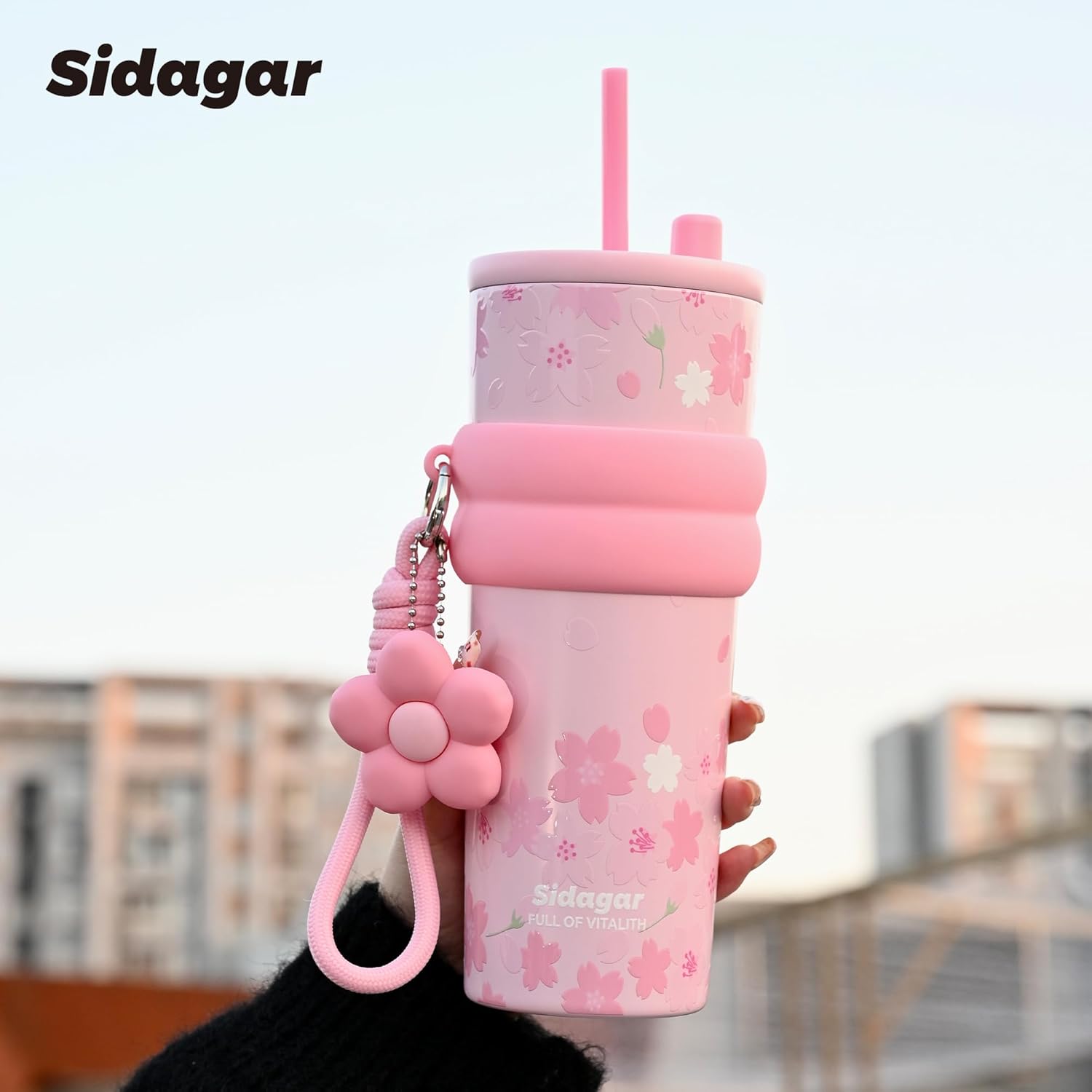 SDGA+ 24 oz Stainless Steel Tumbler with Lid and Straw, Insulated Water Bottle Leak Proof for Hot and Cold, Portable Travel Coffee Mug, Reusable Coffee Cup for Women, Sakura Dream