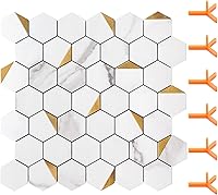 Vista 1 de STICKGOO Salpicaduras para pegar y pelar para la cocina, azulejos autoadhesivos hexagonales de mosaico (10 hojas, mármol blanco con metal dorado)