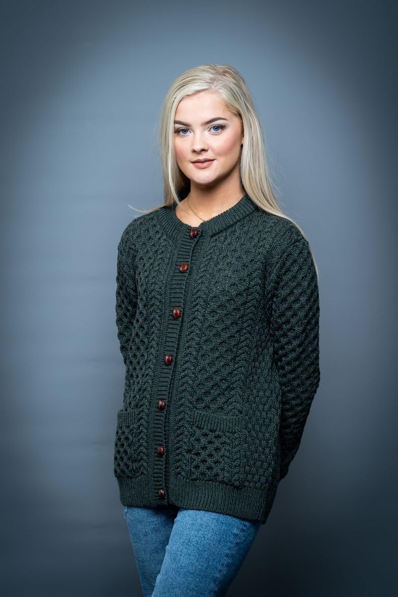 Irish Aran Wool Lumber kardigan damski z guzikami i kieszeniami, wyprodukowano w Irlandii
