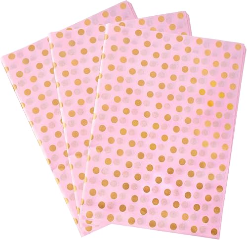 Jwssor Pink Gold Polka Dots Tissue Paper,20sheets 20X14inch Gift Wrapping Paper for Gift Bags Wedding Birthday Baby Shower DIY Crafts