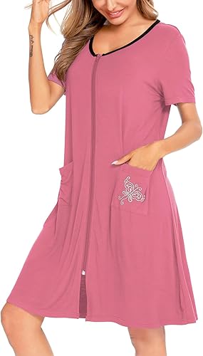 Miniatura 3 de SWOMOG Bata ligera con cremallera frontal para mujer, bata de baño ligera de manga corta con bolsillos