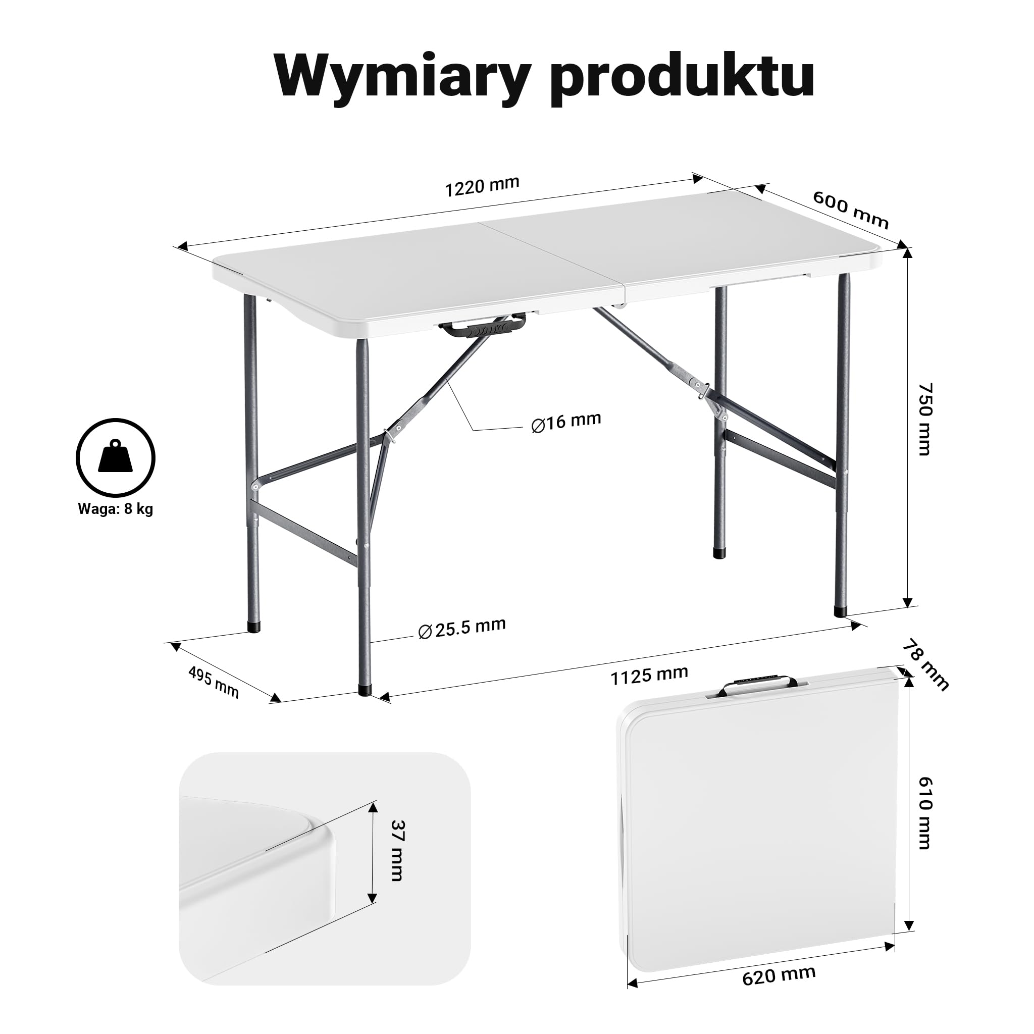 Wiltec Składany stół cateringowy, bankietowy, turystyczny 122x60x75 cm, stolik ogrodowy z uchwytem, stół kempingowy składany do ogrodu i na biwak