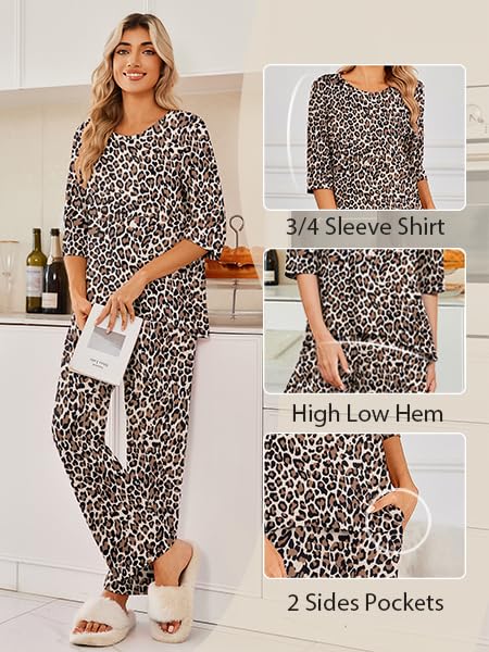 Ekouaer Womens Lounge Sets 2 Piece Pajamas Sets 3/4 Sleeve Tops and Long Pants Soft Pjs Loungewear with Pockets3
