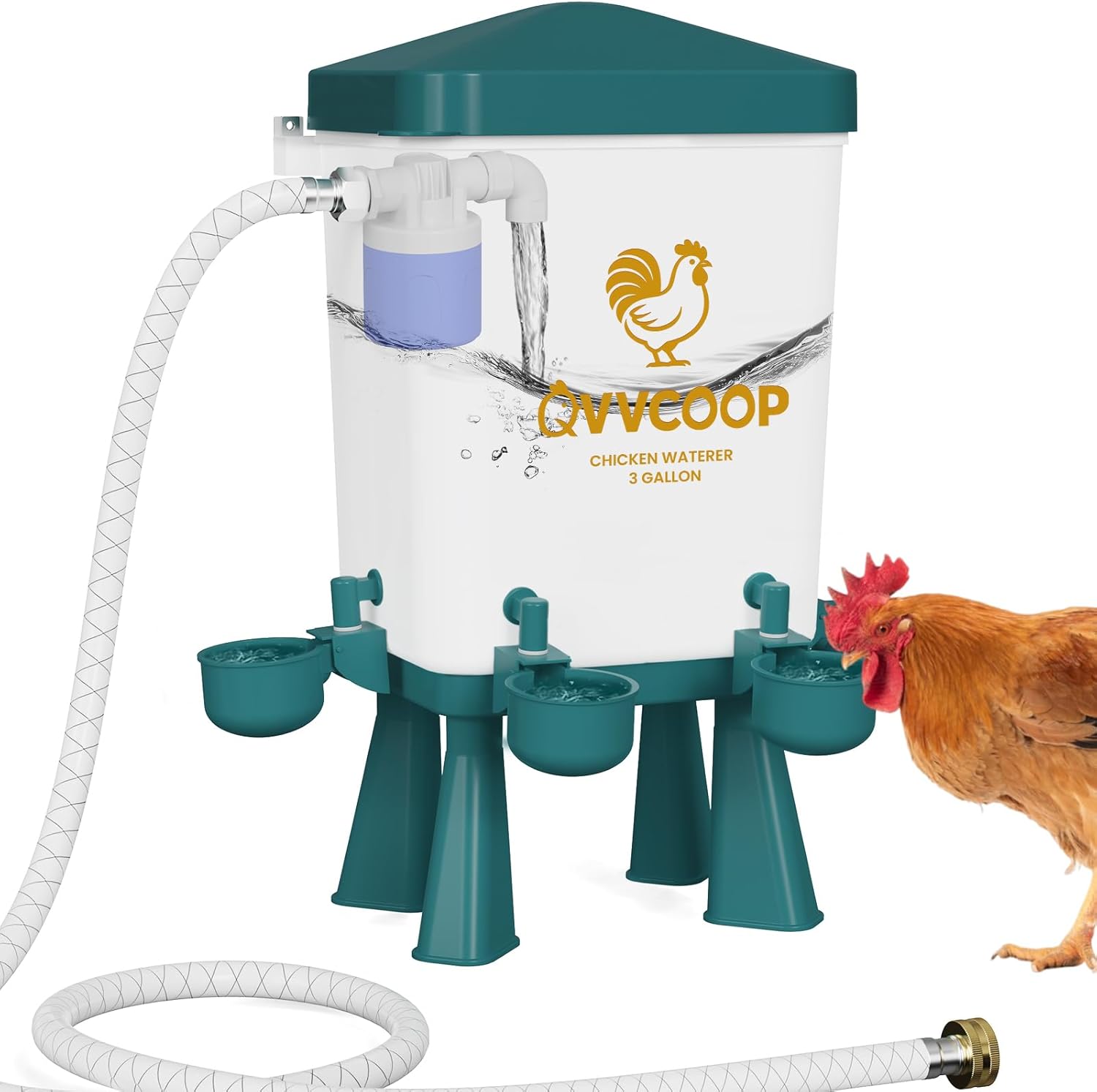 Automatic Chicken Waterer with Float Valve, Elevated Water Dispenser for Chicken, Float Controlled Poultry Watering Supplies, Standing/Hang Use, 3 Gallon, Blue