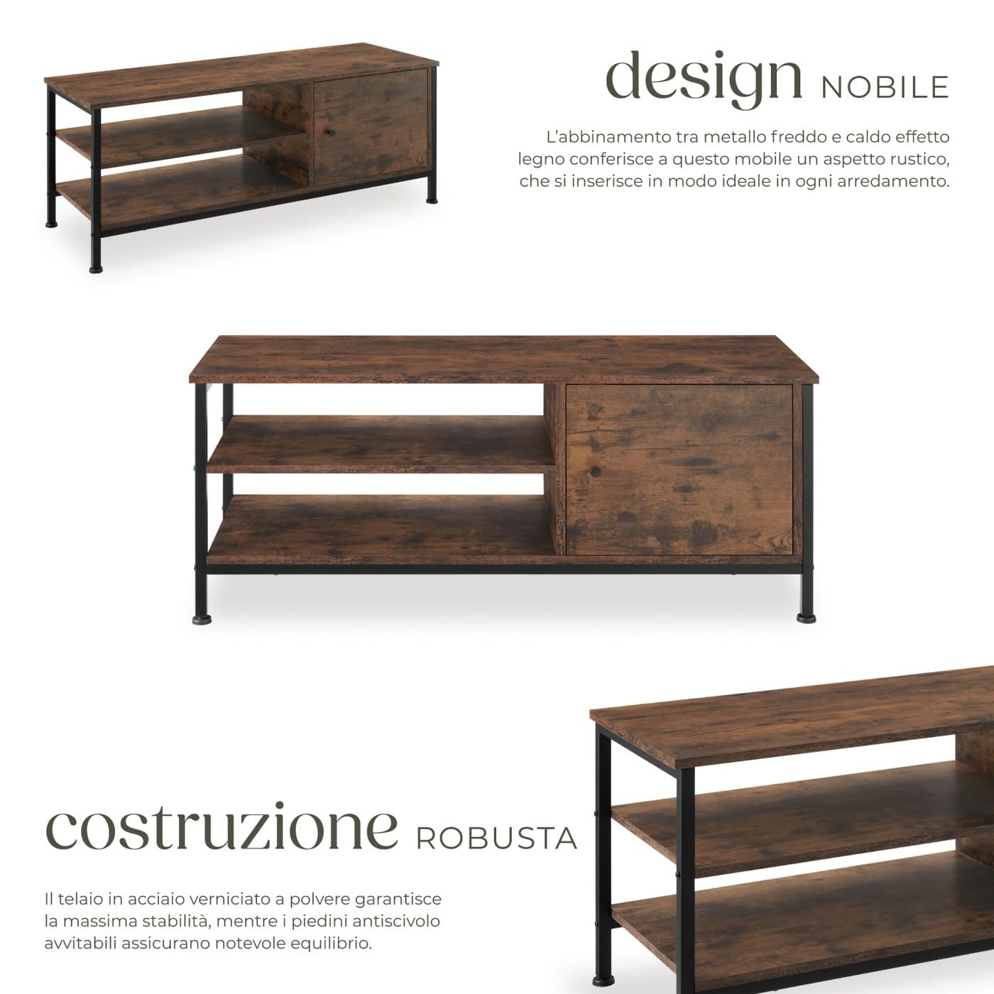 tectake® Mobile TV 110x40x45,5cm, Mobile Soggiorno Stile industriale, Ideale TV 50 pollici, Home Theater 2 ripiani Aperti e 1 Scomparto con Porta, Fori per Cavi Televisore, Mobiletto - Legno Scuro