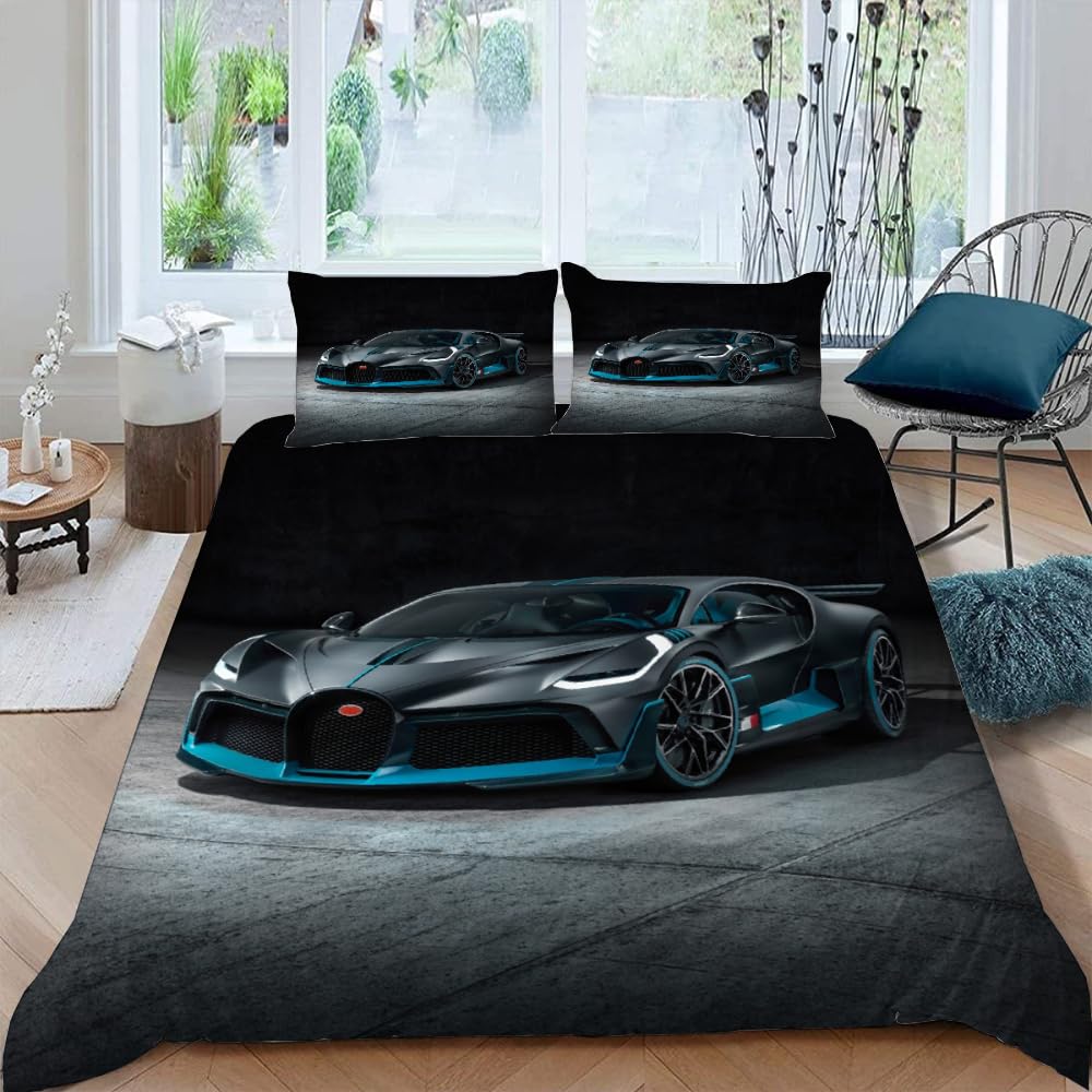 Funda Nordica Cama 150 135 90 Juvenil con Cremallera,Funda Edredon Coche Deportivo Microfibra 135X200 + 50X75 Funda De Almohada,3D Juego De Ropa De Cama Verano Invierno,Negro Auto,A3