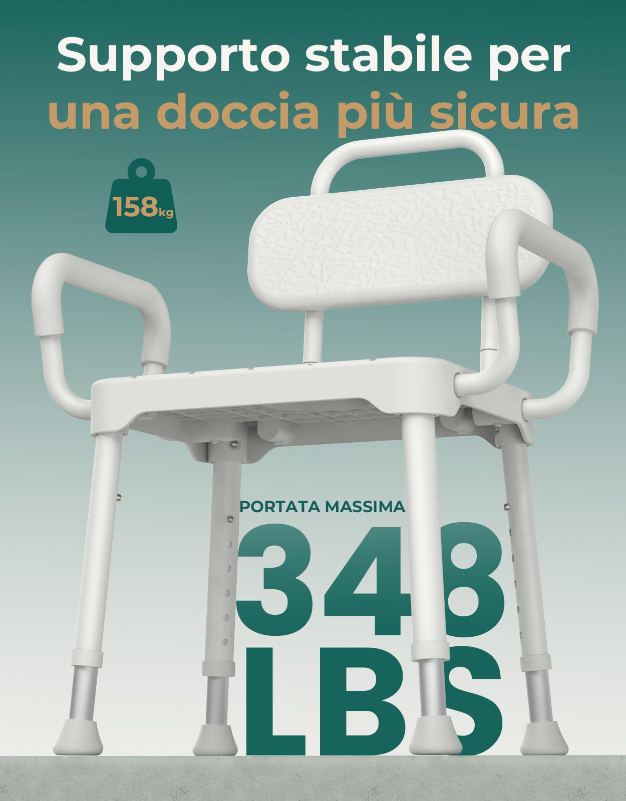 Sedia per Doccia Anziani 4-in-1 con Braccioli, fino a 158 kg