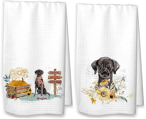 Miniatura 3 de Black Labrador Retriever - Juego de toallas de cocina de otoño, decoración personalizada para mascotas de labrador retriever negro para otoño