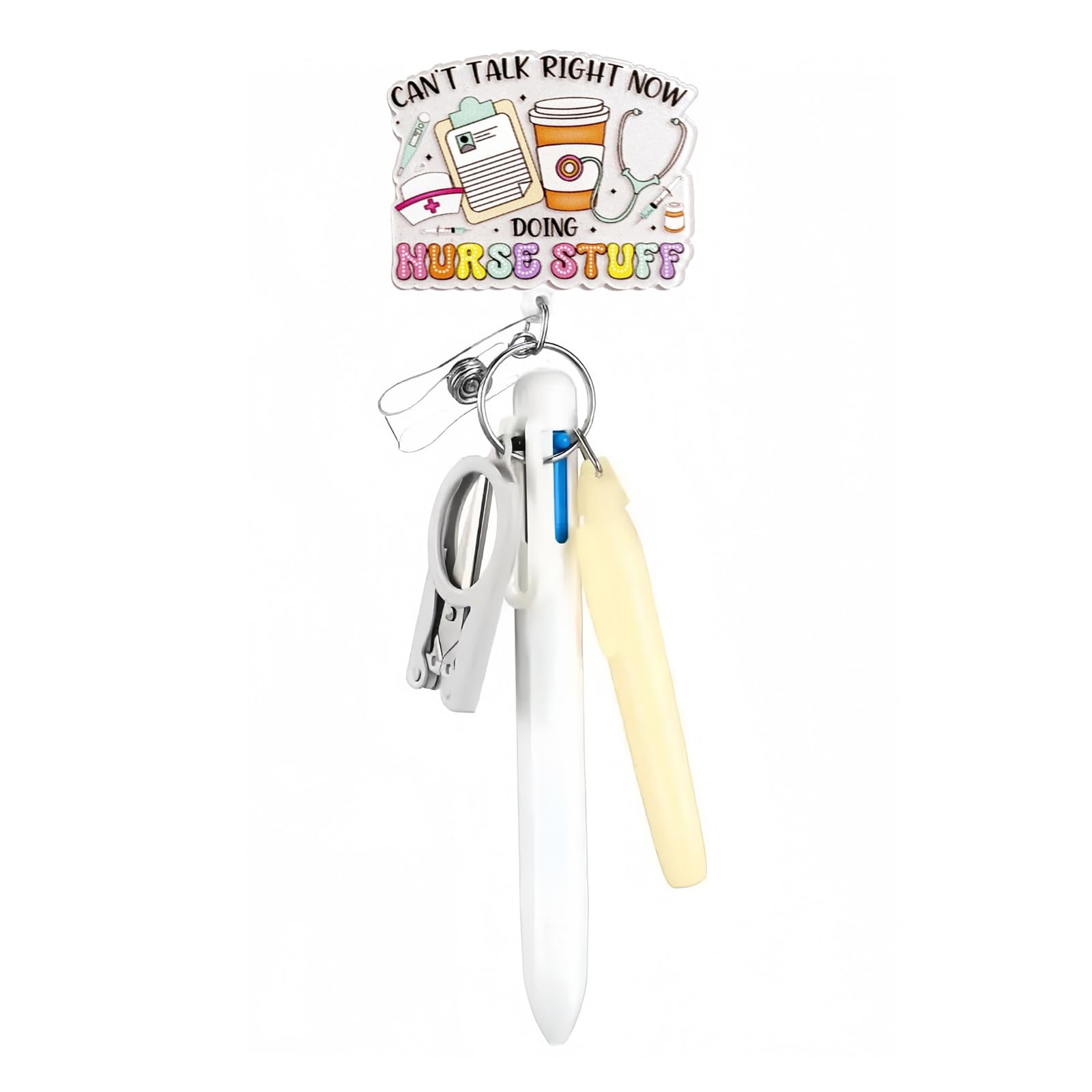 5 In 1 Nurse Pen Set Badge Reel Holder Accessories Clip - Retractable ID Badge Clip Reels Holder Name Holder Keychain Ballpoint Pen Folding Scissors for Students RN CNA LPN Healthcare Professionals