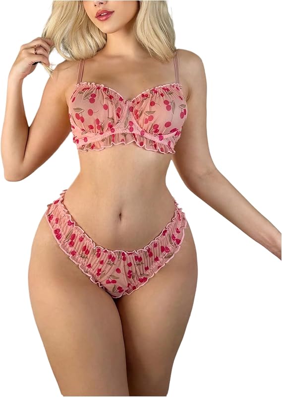 Conjunto de lencería de 2 piezas para mujer, corpiño con aros de malla con estampado de cerezas