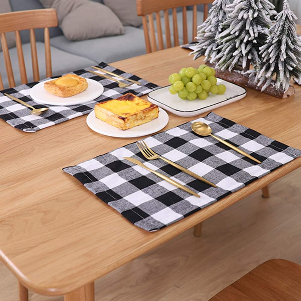 Wееklу Tор Sаlе Palmhill Set of 6 Christmas Placemats Buffalo Check Placemats Black White Plaid Reversible Burlap & Cotton Placemats for Christmas Holiday Table Home Decoration (White and Black)