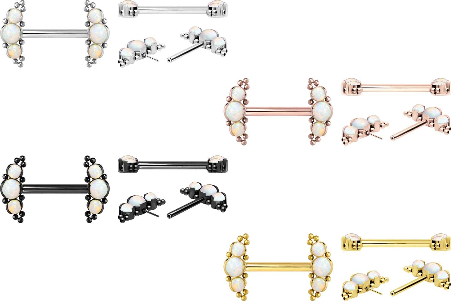 PIERCINGLINE Titan Barbell mit Push Fit 3 SYNTHETISCHE OPALE + KUGELN Brustwarzenpiercing Nippelpiercing Farb & Größenauswahl